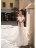 Off Shoulder Ivory Satin Minimalist Wedding Dress